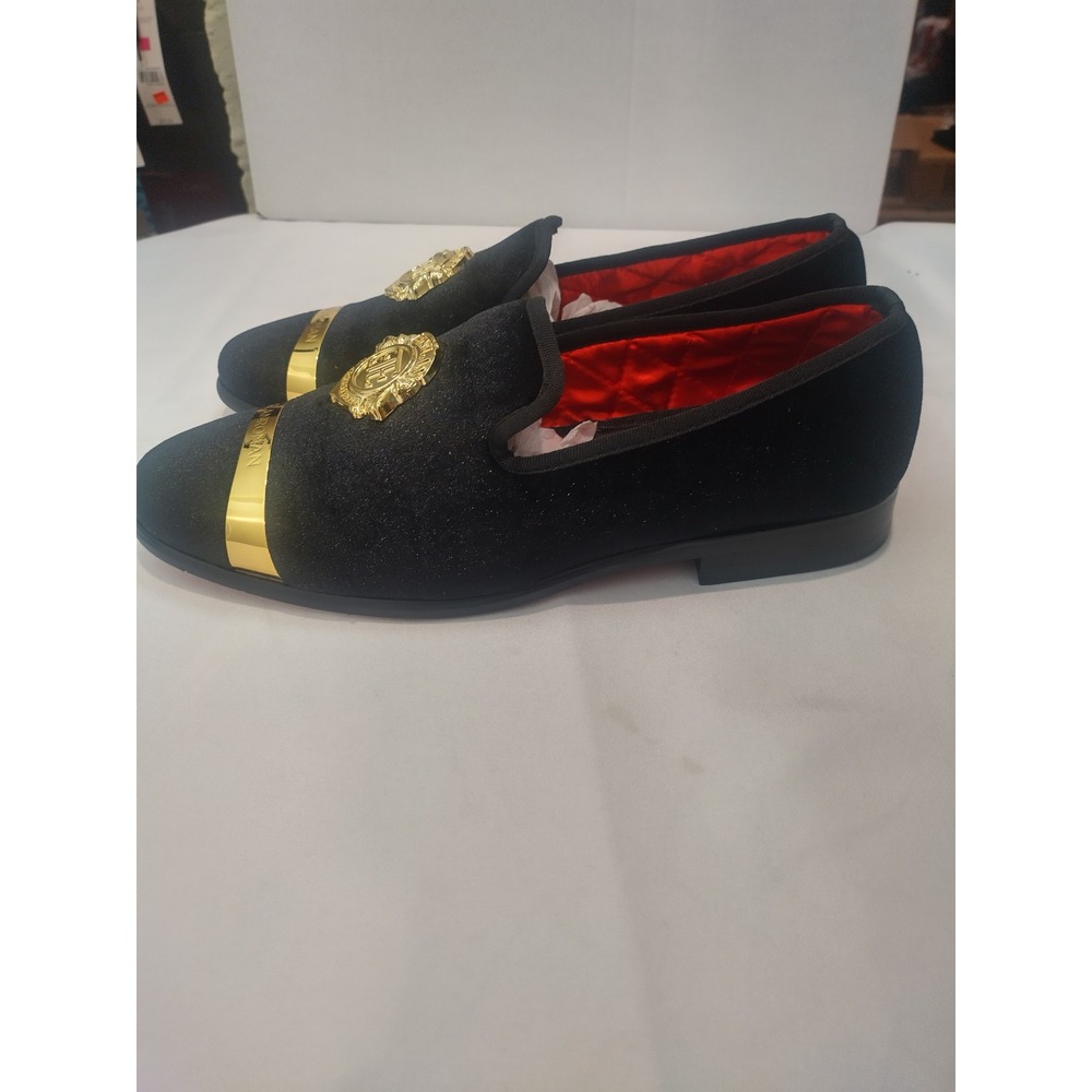 Elanroman Mens Black Velvet Loafers Gold Crest Metal Toe Dress Shoes Size 42 - Picture 4 of 8